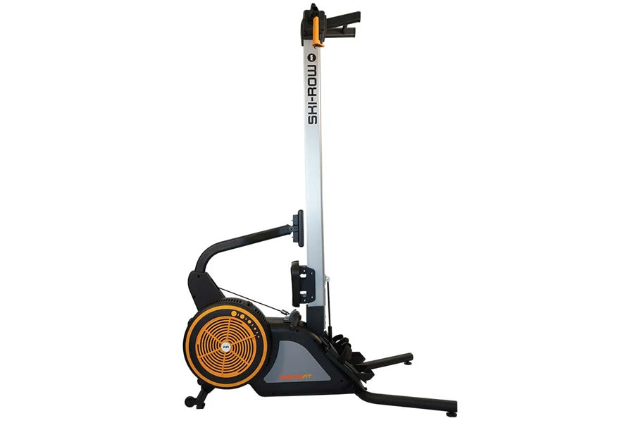 SKI-ROW AIR rowing machine with white frame, black base, orange circular flywheel, and adjustable seat on white background
