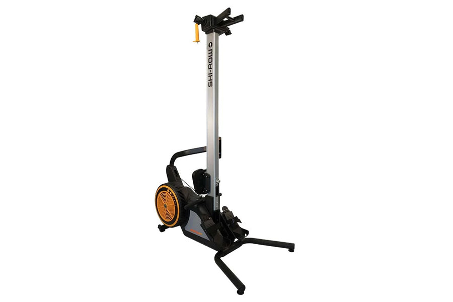 Ski-Row Air rowing machine with silver vertical rail, black frame, orange flywheel, and foot pedals on white background
