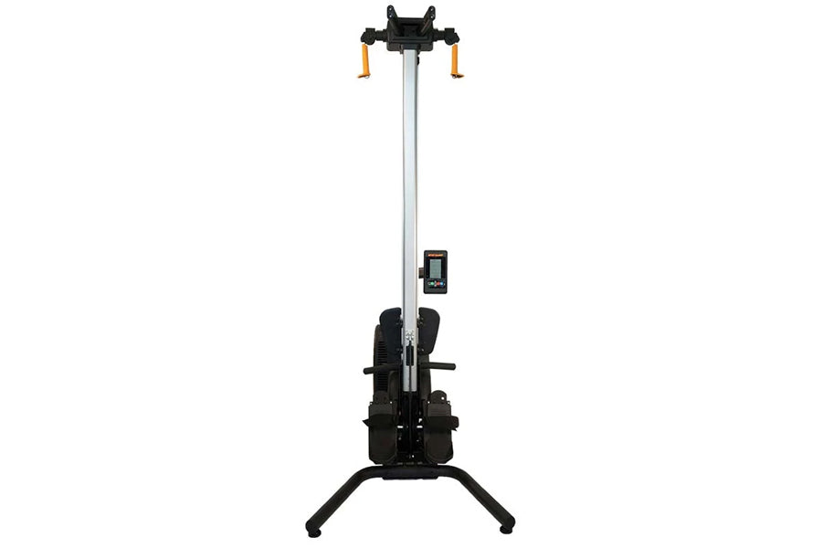 SKI-ROW AIR Rowing Machine with black frame, silver vertical rail, orange handles, digital display, and stabilizing base on w