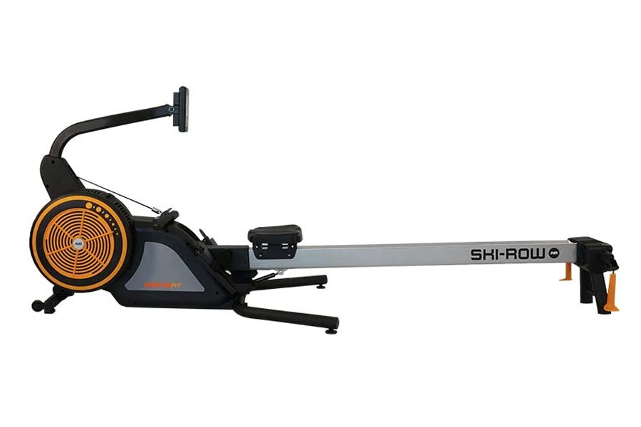SHI-ROW Air rowing machine with black frame, orange circular fan wheel, and gray rail on white background