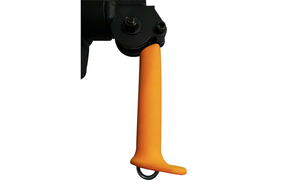 Black and orange rowing machine handle with grip on white background