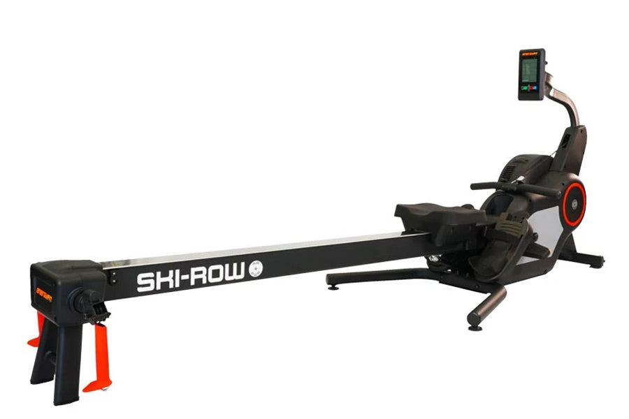 Ski-Row Air+PWR rowing machine with black frame, red accents, digital display monitor, and resistance mechanism on white back