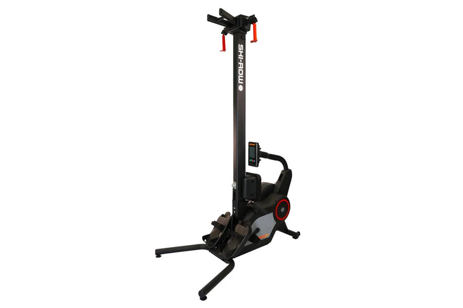 Black Sharmill SKI-ROW AIR+PWR rowing machine with red accents and digital display on white background