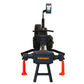 Black and orange Energyfit rowing machine with adjustable seat, handlebar resistance arms, and smartphone holder on articulat