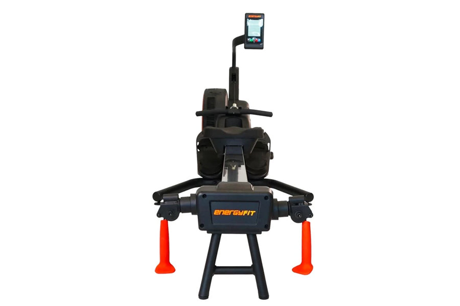 Black and orange Energyfit rowing machine with adjustable seat, handlebar resistance arms, and smartphone holder on articulat