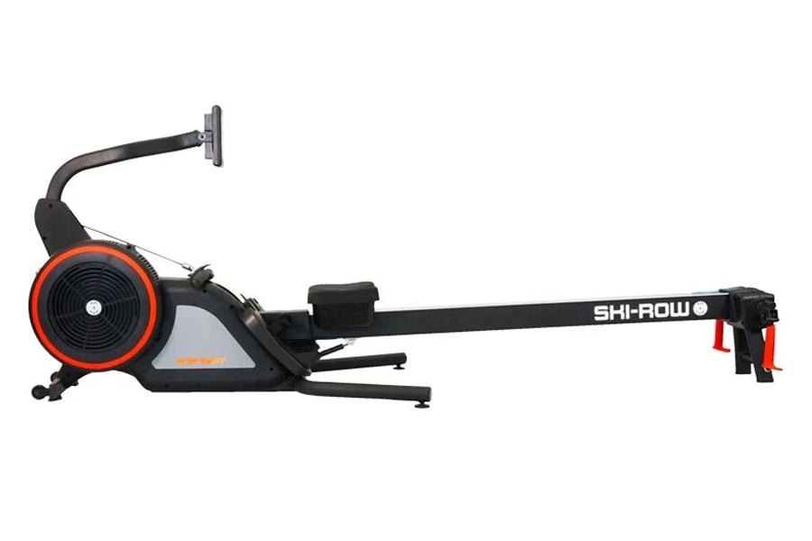 SHI-ROW Air+PWR rowing machine with black frame, red and black flywheel, extended arm, and footrest on white background