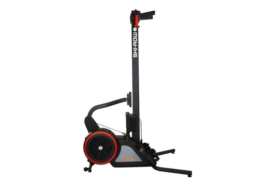 Black and red SKI-ROW rowing machine with vertical pole, curved handlebar, and red-trimmed flywheel, shown on white backgroun