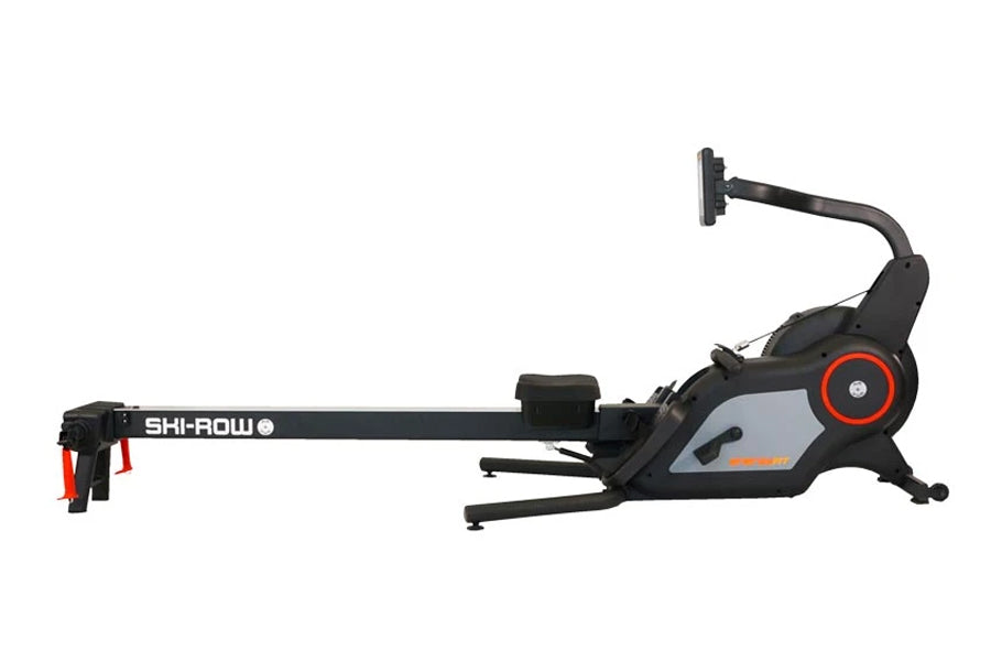 Ski-Row Air+PWR black and gray rowing machine with red accents and digital display on white background