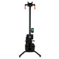 Black rowing machine with digital display console, red handlebar grips, and tripod base on white background