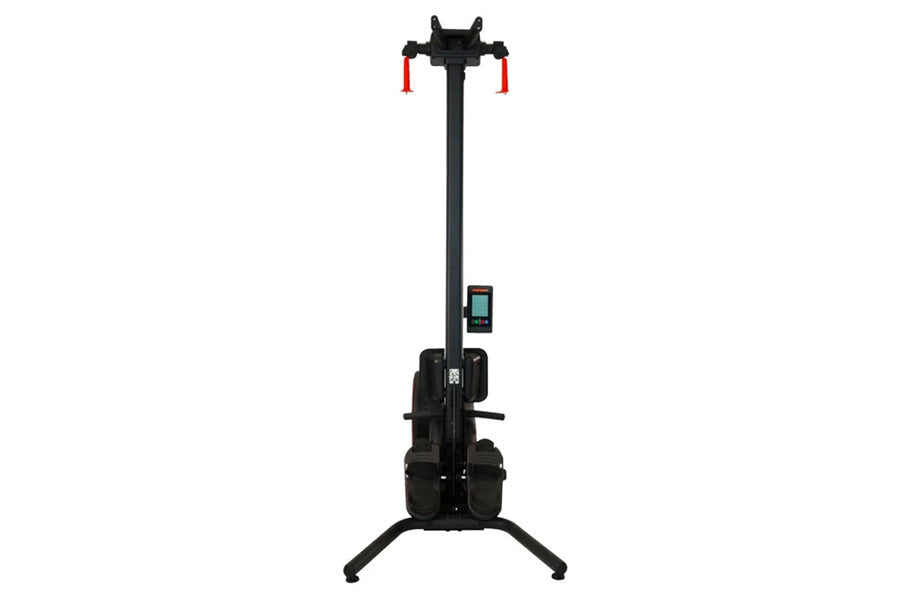 Black rowing machine with digital display console, red handlebar grips, and tripod base on white background