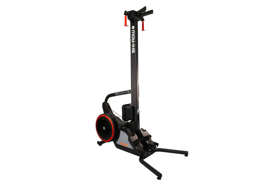 Black and red SKI-ROW air and power rowing machine with adjustable seat, handlebars, and footrest on white background
