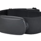 Black fabric fitness belt with rounded gray buckle and adjustable strap closure on white background