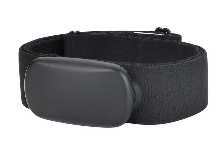Black fabric fitness belt with rounded gray buckle and adjustable strap closure on white background