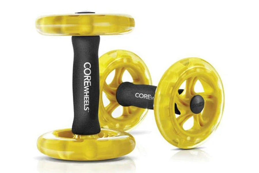 SKLZ COREwheels ab roller with bright yellow translucent wheels and black foam handles on white background