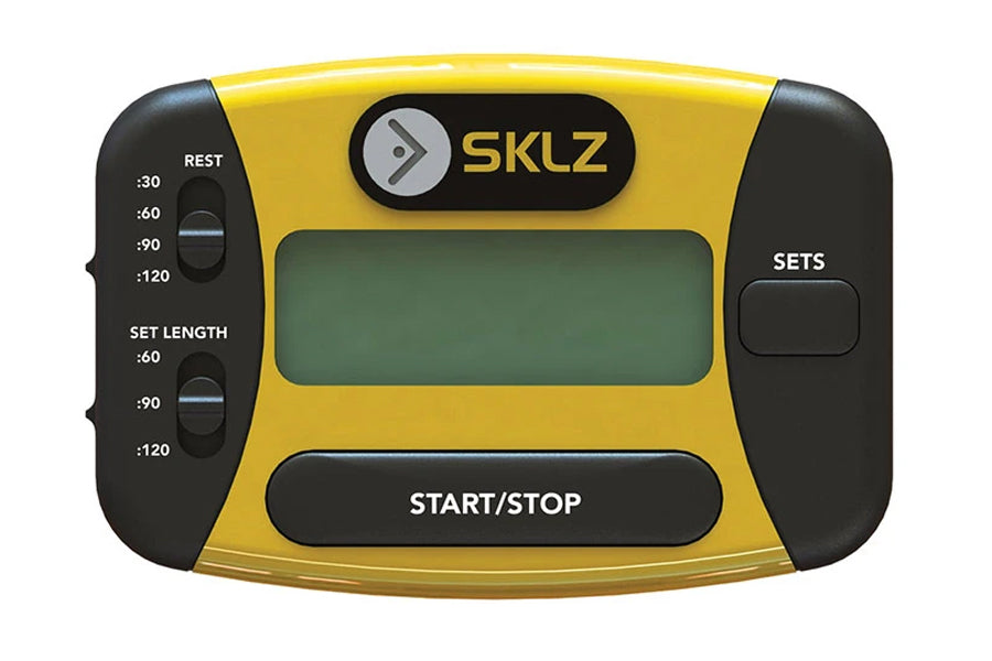 SKLZ DRLZ Timer in yellow and black with digital display, rest and set length dials, start/stop button, and sets button