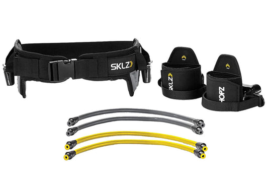 SKLZ Hopz training kit with black waist belt, two black ankle cuffs with yellow accents, gray and yellow resistance bands in 