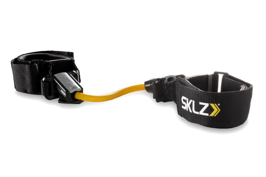 SKLZ Lateral Resistor Pro resistance band with black nylon cuffs and yellow elastic cord on white background