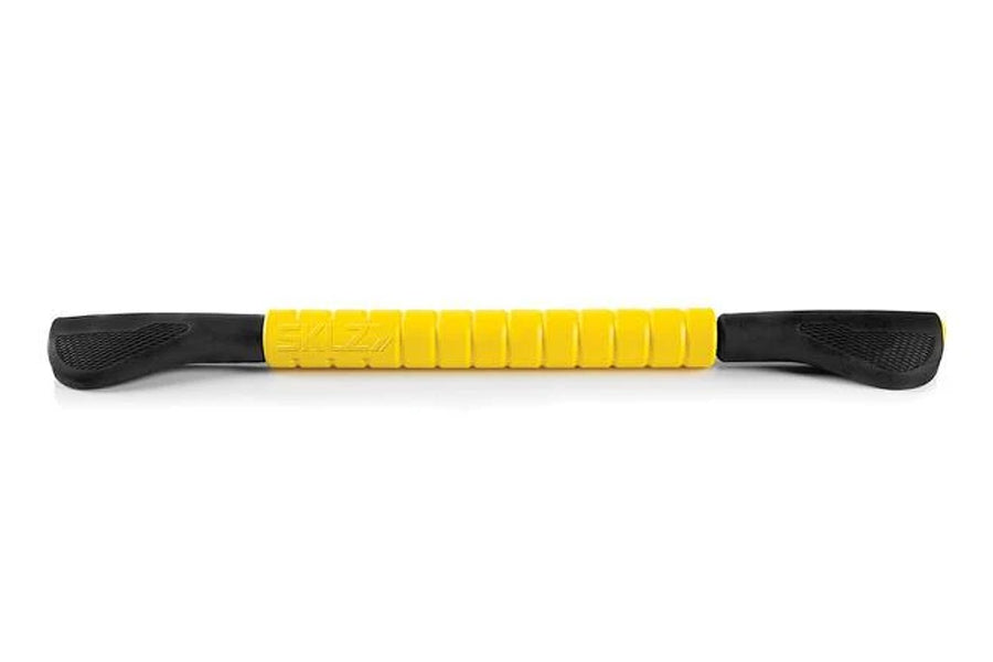 Massage roller with yellow textured center section and black grip handles on white background