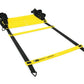 Yellow and black agility ladder with 8 rungs, adjustable straps, and anchor stakes on white background