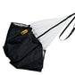 Black nylon speed chute with white interior, attached black strap with yellow logo accent on white background