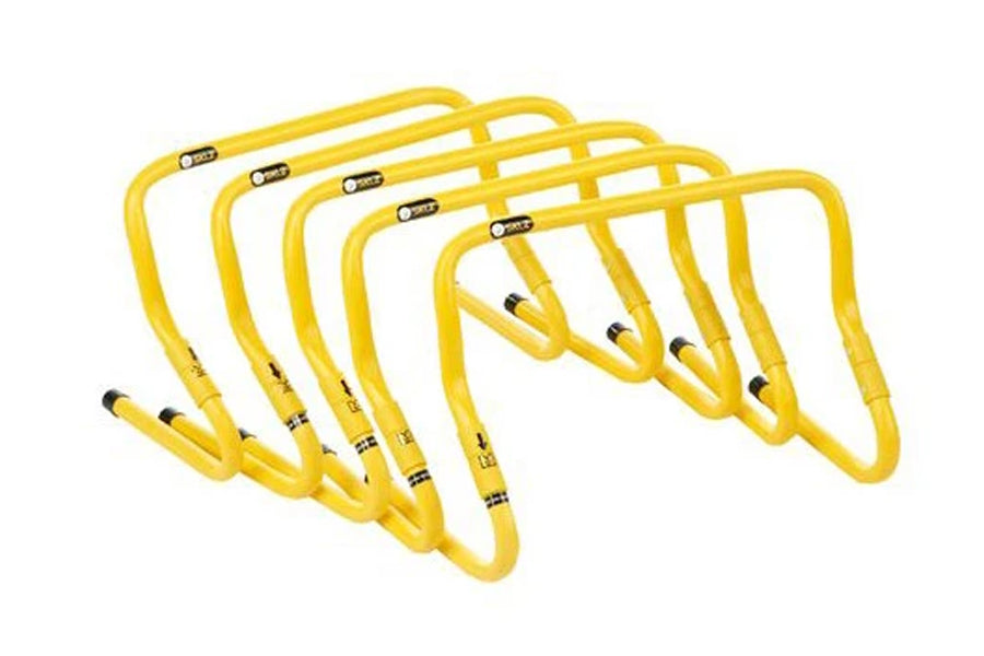 Set of five yellow speed training hurdles with black foot bases, arranged in graduated sizes on white background