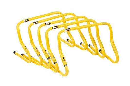 Set of five yellow speed training hurdles with black foot bases, arranged in graduated sizes on white background