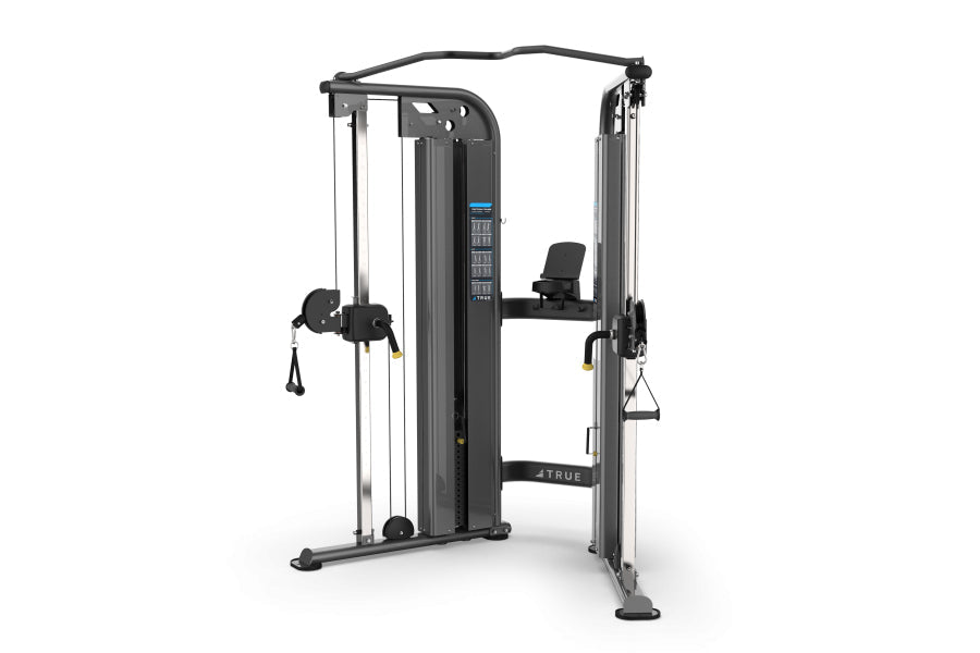 Black functional trainer machine with dual weight stacks, cable pulleys, and adjustable seat on white background