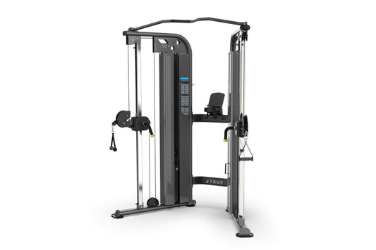 Black functional trainer machine with dual weight stacks, cable pulleys, and adjustable seat on white background