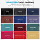 Standard vinyl color options including black, charcoal, navy, plum, royal blue, crocus lavender, turquoise, cranberry, grotto