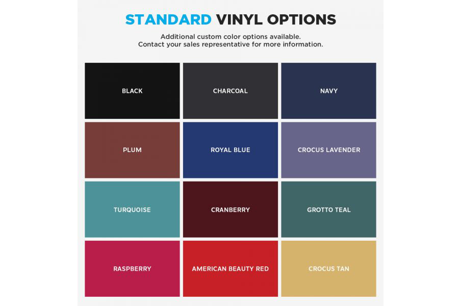 Standard vinyl color options including black, charcoal, navy, plum, royal blue, crocus lavender, turquoise, cranberry, grotto