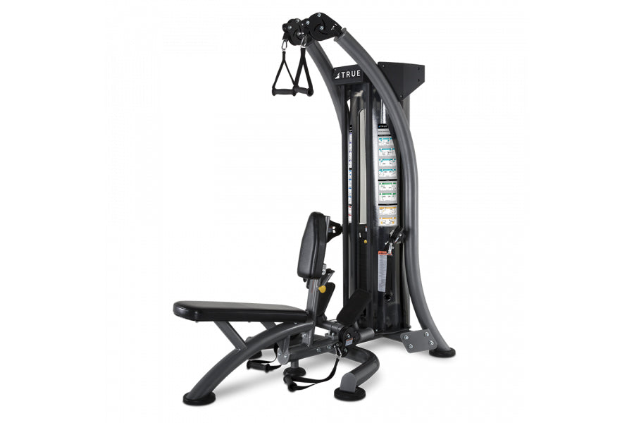 TRUE SM-1050 Quickfit Pro black multi-exercise weight machine with seat and pulley system on white background