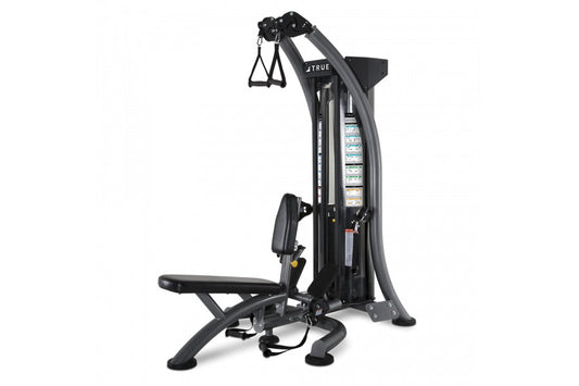 TRUE SM-1050 Quickfit Pro black multi-exercise weight machine with seat and pulley system on white background
