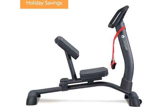 Black and red LifeSpan stationary stretch machine with padded seat and handlebar, on white background
