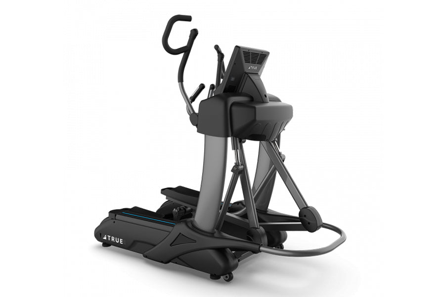 Black and gray TRUE Spectrum Combo elliptical machine with dual handles and foot pedals on white background