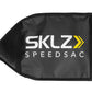 Black nylon SKLZ SpeedSac training bag with white logo and yellow arrow detail, featuring carry handle on white background