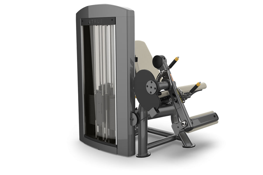 TRUE SPL-0100 seated leg extension machine with gray frame, vertical sled tower, and cream-colored seat on white background