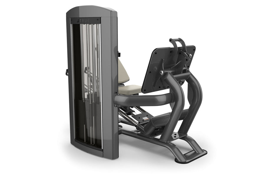 TRUE SPL-0300 seated leg press machine with gray frame, beige seat, and vertical cable stack on white background