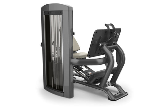 TRUE SPL-0300 seated leg press machine with gray frame, beige seat, and vertical cable stack on white background