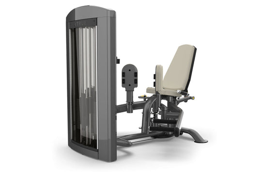 TRUE SPL-0400 leg press machine with gray frame, vertical cable stack on left, and beige padded seat and backrest on right, o