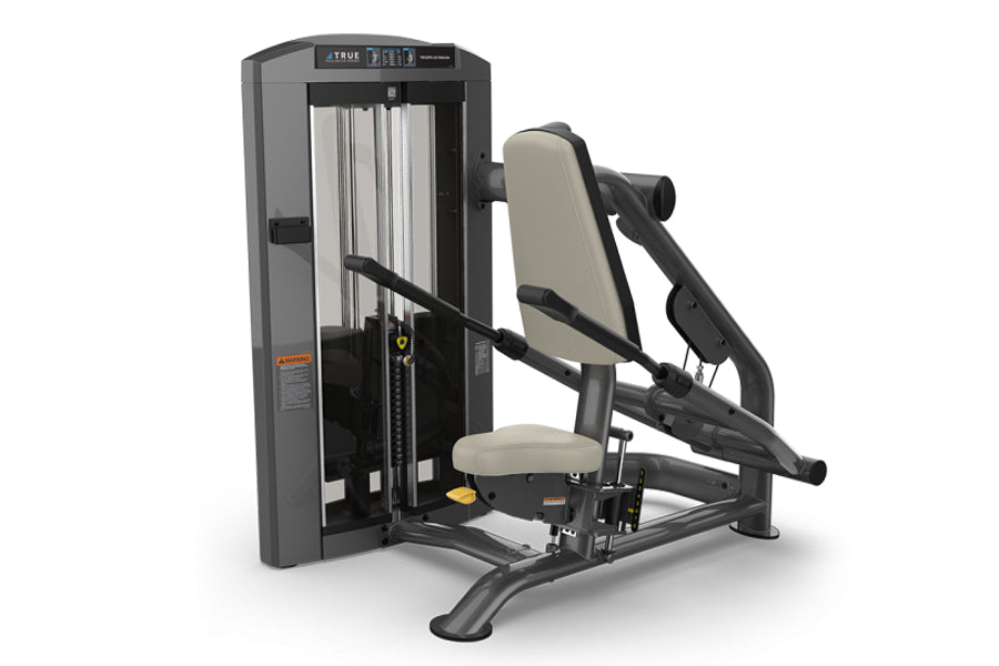 TRUE SPL-0500 tricep pushdown machine with gray metal frame, cream padded seat and backrest, black handles, and digital displ