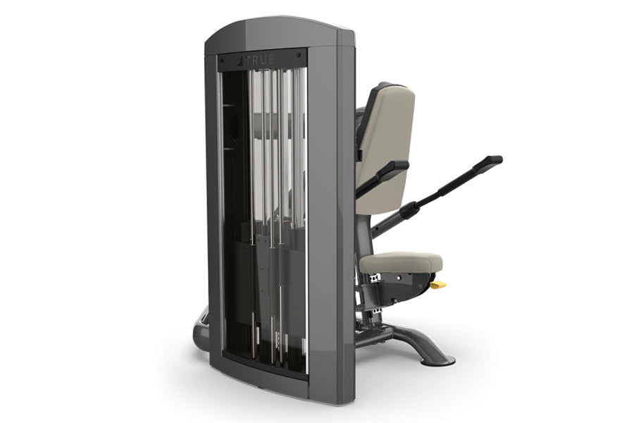 TRUE SPL-0500 Tricep Pushdown machine with gray frame, black base, and beige padded seat with adjustable arm levers on white 