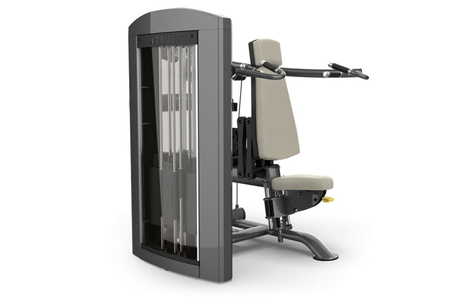 TRUE SPL-0700 seated shoulder press machine with gray frame, beige padded seat and backrest, and adjustable arm handles on wh