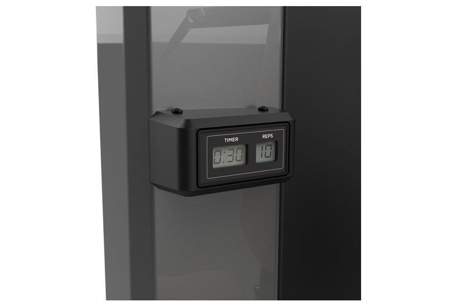 Black digital timer and rep counter mounted on TRUE SPL-0700 Seated Shoulder Press machine frame