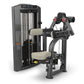 Black and gray commercial deltoid raise machine with cream-colored seat and arm pads, red adjustment knobs, displayed on whit