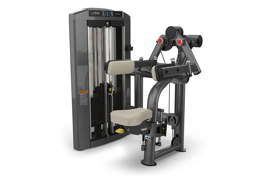Black and gray commercial deltoid raise machine with cream-colored seat and arm pads, red adjustment knobs, displayed on whit