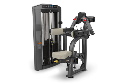 Black and gray commercial deltoid raise machine with cream-colored seat and arm pads, red adjustment knobs, displayed on whit