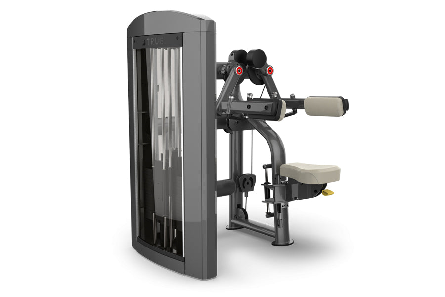 TRUE SPL-0800 Deltoid Raise machine with gray metal frame, cream-colored seat and handles, and vertical weight stack on white