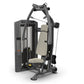 TRUE SPL-0900 chest press machine with black frame, cream-colored padded seat and back support, cable attachment arms, on whi