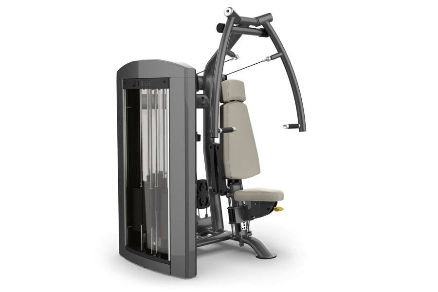 TRUE SPL-0900 chest press machine with gray frame, beige padded seat and backrest, metal handles, and vertical rod stack on w