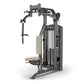 Black and grey pec fly exercise machine with cream-colored seat and back pad, featuring dual arm handles and weight stack on 